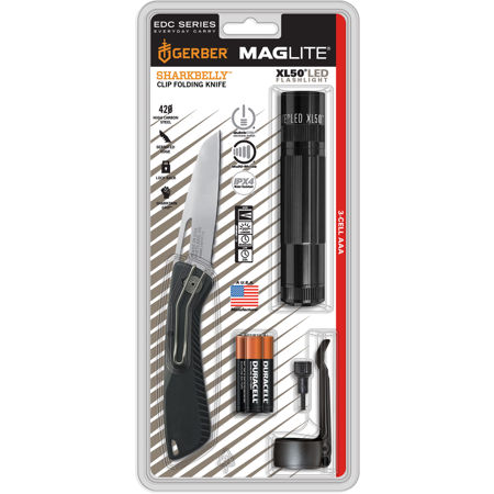 MagLite XL50 3-AAA LED Flashlight, Gerber Sharkbelly Fold Knife Kit, 200 Lumens