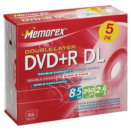 Memorex Disk 2.4x DVD+R 8.5GB Double Layer - 5 Pack in Jewel Case #05643