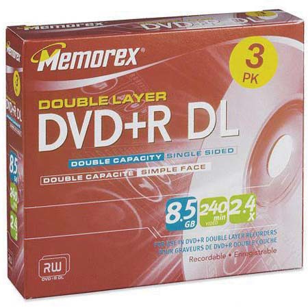 Memorex Disk 2.4x DVD+R 8.5GB Double Layer - 3 Pack in Jewel Case #05648