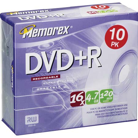 Memorex Disk 16x DVD+R 4.7GB - 10 Pack In Slimcase