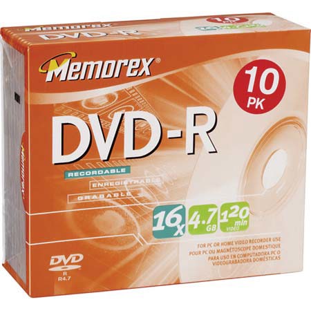Memorex Disk 16x DVD-R 4.7GB 10-pack In Slim Jewel Box