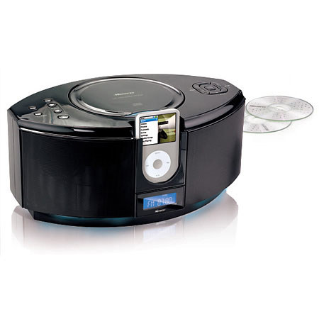 Memorex MI1111, 2.1 Channel 25 Total Watts, Home Speaker System with Integrated Digital AM/FM Radio, CD Player and Subwoofer, with Universal Dock for iPods - Black