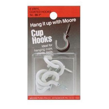 Moore Vinyl Coated 1" Cup Hooks, 6 Pieces, White