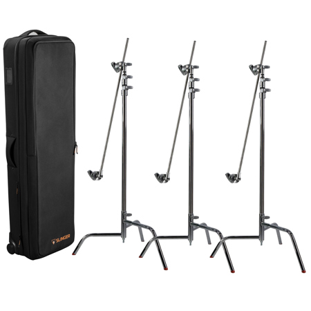 Matthews 40" C+ Stand with Turtle Base, Grip Head and Arm, Chrome, 3-Pack, Bundle with Slinger L6 BigBag Rolling Kit Bag