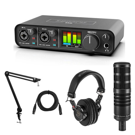 MOTU M2 Desktop 2x2 USB-C Audio Interface Bundle with H&A AC50 Cardioid Dynamic Microphone, Professional Monitor Headphones, Broadcast Arm, XLR M to XLR F Mic Cable 15-Foot