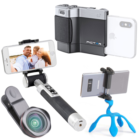 Pictar Smart Grip for Smartphones, Black, Bundle with Smart Selfie Stick, Splat 3N1 Tripod, Smart 18mm Wide Angle Lens