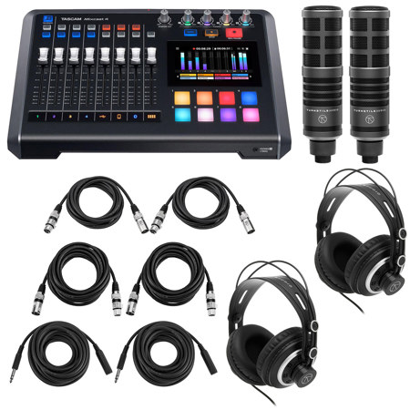 Tascam Mixcast 4 Podcast Station, Bundle with 2x Turnstile Audio TAP300 Broadcast Microphones and 2x H&A Broadcast Arm