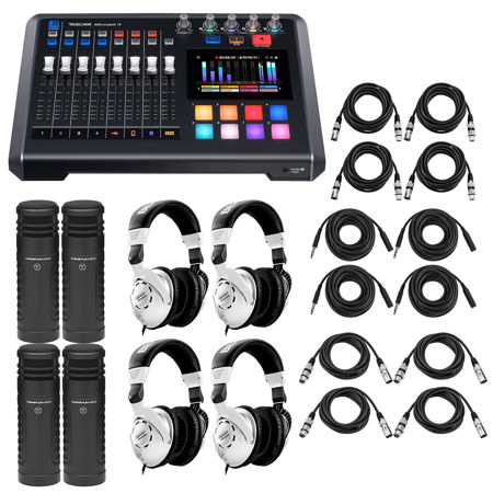 Tascam Mixcast 4 Podcast Station, Bundle with 2x Turnstile Audio TAP500 Broadcast Microphones and 2x H&A Broadcast Arm