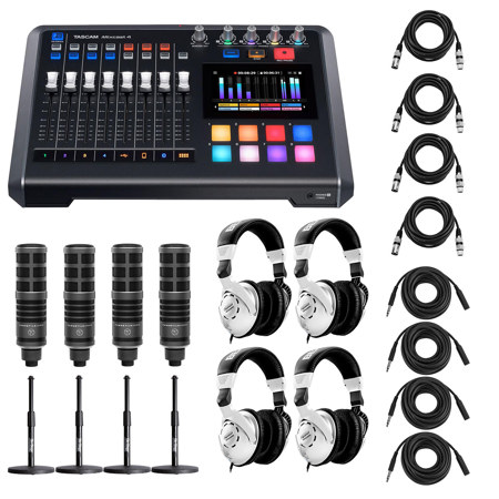 Tascam Mixcast 4 Podcast Station, Bundle with 4x Turnstile Audio TAP300 Broadcast Microphones and 4x On-Stage DS7200B Mic Stand