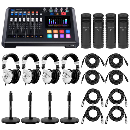 Tascam Mixcast 4 Podcast Station, w/4x TAP500 Broadcast Mics & 4x DS7200B Stand