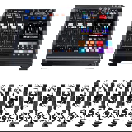 Tascam Mixcast 4 Podcast Station, Bundle with 4x Mic Stands, MIcs, Headphones & Cables