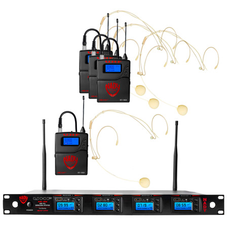Nady 4W-1KU 1000-Ch UHF Quad Receiver Wireless System w/4x Headworn Mic, Beige
