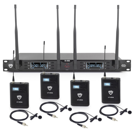 Nady D-450 200-Ch Quad Receiver Digital Wireless System with 4x OML-4 Lapel Mic