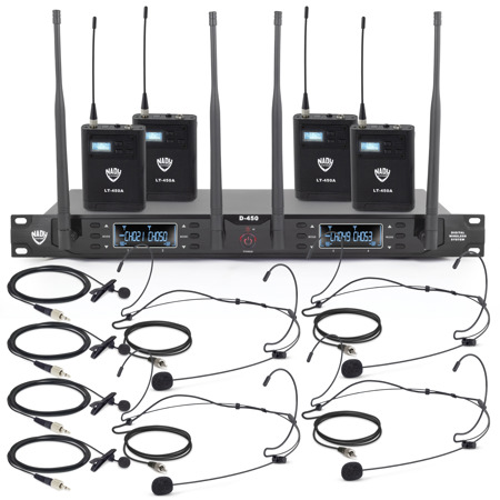Nady D-450 200-Ch Quad Receiver Digital Wireless, 4x Lapel,4x Black Headworn Mic