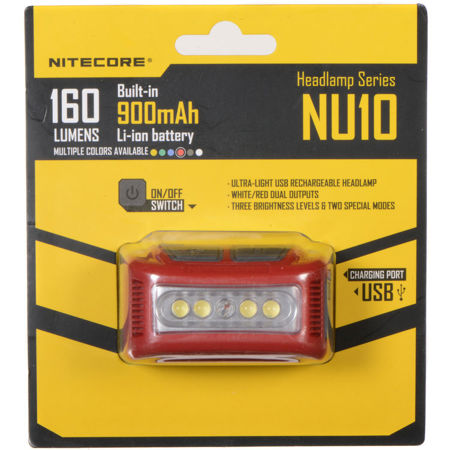 Nitecore NU10 Rechargeable Wide-Angle Illumination LED Headlamp, 160 Lumens, Red