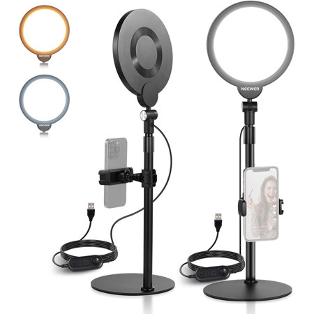Neewer BASICS R06 7" 10W Bi-Color Desktop Round LED Panel 2-Light Kit for Phone