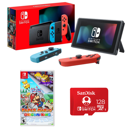 Nintendo Switch with Neon Blue/Red Controllers W/Paper Mario & Memory Card