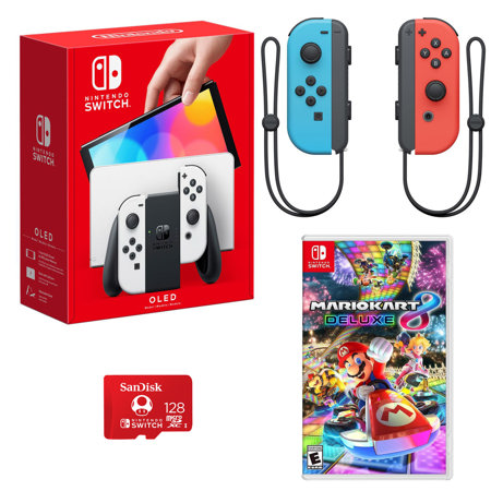 Nintendo Switch OLED White with Mario Kart 8 Deluxe Game Bundle 