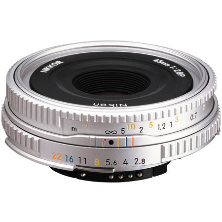 Disc. 45mm f/2.8P NIKKOR Standard Manual Focus Lens - Special Edition Silver Finish Lens w/hood & 52mm neutral filter - Grey Market