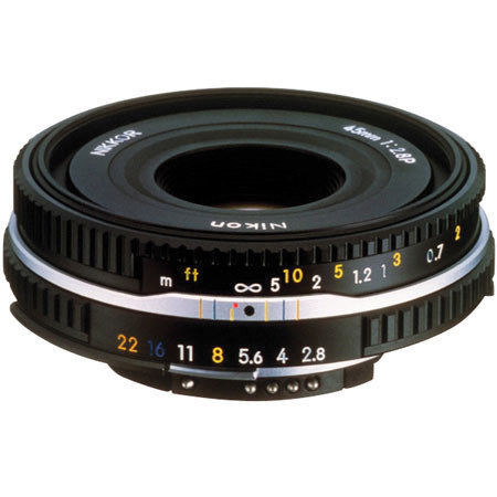 Disc. 45mm f/2.8P NIKKOR Standard Manual Focus Lens - Special Edition Black Finish Lens w/hood & 52mm neutral filter - Grey Market