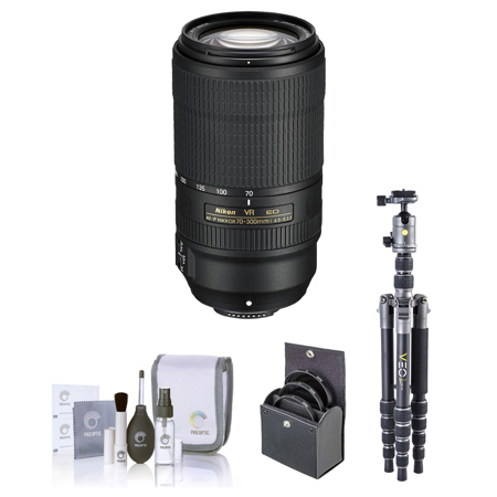 Nikon 70-300mm f/4.5-5.6E ED AF-P NIKKOR VR Lens, Bundle with Vanguard VEO 3 GO 204CP Carbon Fiber Tripod/Monopod with Pan Head, ProOptic 67mm Filter Kit, Cleaning Kit
