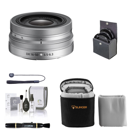 Nikon NIKKOR Z DX 16-50mm f/3.5-6.3 VR Lens, Silver, Bundle with Bower 3-Piece 46mm Filter Kit, Lens Cleaner, Cleaning Kit, Universal Lens Cap Tether