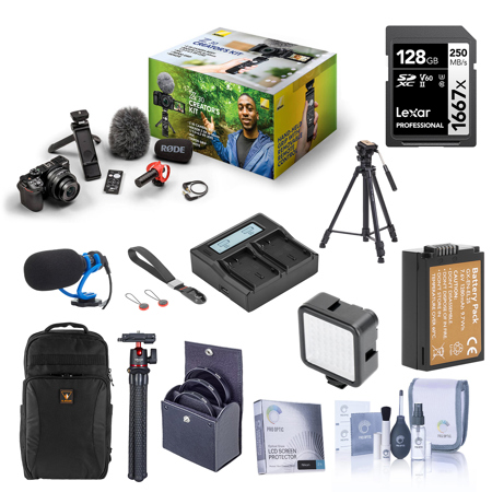 Nikon Z 30 Mirrorless Camera Creator's Kit, Bundle with 128GB Memory Card, Backpack, EN-EL25 Battery, Dual Smart Charger, Charger Plate, Video Tripod, Strap, Microphone, Screen Protector, MT-11 Tripod, W49 Light, 46mm Filter Kit, Cleaning Kit