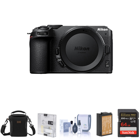 Nikon Z 30 DX-Format Mirrorless Camera Bundle with 64GB SD Card, Shoulder Bag, Extra Battery, Screen Protector, Cleaning Kit