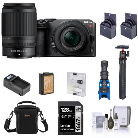 Nikon Z 30 Mirrorless Camera with 16-50mm & 50-250mm Lens, Bundle with 128GB SD Memory Card, Bag, Microphone, Mini Tripod, Battery, Smart Charger, 62mm and 46mm Filters, Cleaning Kit