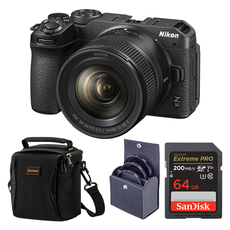 Nikon Z 30 Mirrorless Camera with NIKKOR Z DX 12-28mm f/3.5-5.6 PZ VR Lens, Bundle with 64GB Memory Card, Shoulder Bag, 46mm Filter Kit
