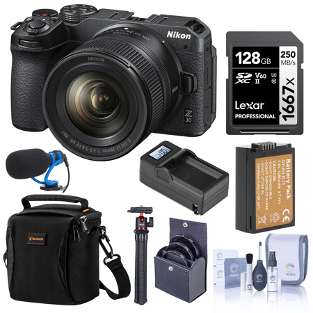 Nikon Z 30 Mirrorless Camera with NIKKOR Z DX 12-28mm f/3.5-5.6 PZ VR Lens, Bundle with 128GB Memory Card, Shoulder Bag, TASC300 Microphone, MT-11 Tripod, EN-EL25 Battery, Charger Base, Charger Plate, 46mm Filter Kit, Cleaning Kit