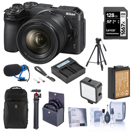 Nikon Z 30 Mirrorless Camera with NIKKOR Z DX 12-28mm f/3.5-5.6 PZ VR Lens, Bundle with 128GB Memory Card, Backpack, EN-EL25 Battery, Dual Smart Charger, Smart Charger Plate, Video Tripod, Microphone, Screen Protector, MT-11 Tripod, W49 LED Light, Strap, 67mm Filter Kit, Cleaning Kit
