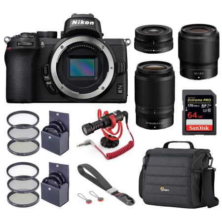 Nikon Z50 DX-Format Mirrorless Camera w/16-50mm and 50-250mm & 50mm f/1.8 Lenses