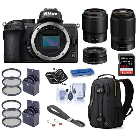 Nikon Z50 DX-Format Mirrorless Camera w/16-50mm and 50-250mm & 50mm f/1.8 Lenses