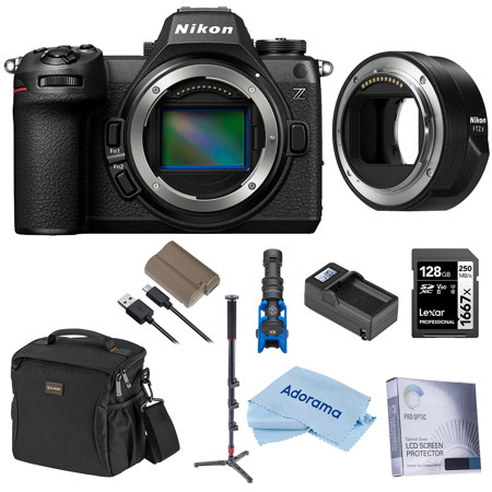 Nikon Z6III Mirrorless Camera with FTZ II Mount Adapter, Bundle with 128GB Memory Card, Battery, Monopod Stick, Microphone, Charger Kit