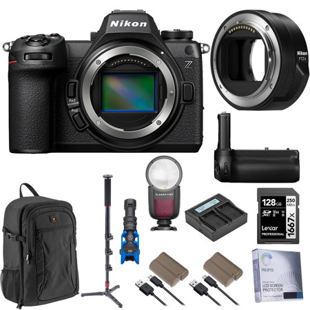 Nikon Z6III Mirrorless Camera with FTZ II Mount Adapter, Bundle with Flash Speedlight, 128GB Memory Card, Battery Grip, 2x Battery Pack, Monopod, Mic, Dual Charger