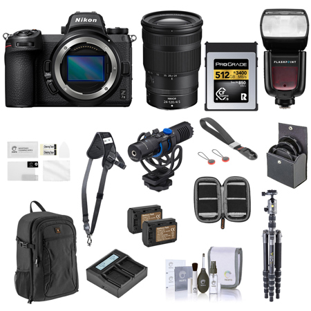 Nikon Z 7II Mirrorless Digital Camera with NIKKOR Z 24-120mm f/4 S Lens, Bundle with 512GB CFexpress Card, TTL Speedlight, Travel Tripod, Mic, 2x Battery, Charger, Backpack, Wrist Strap, and Accessories