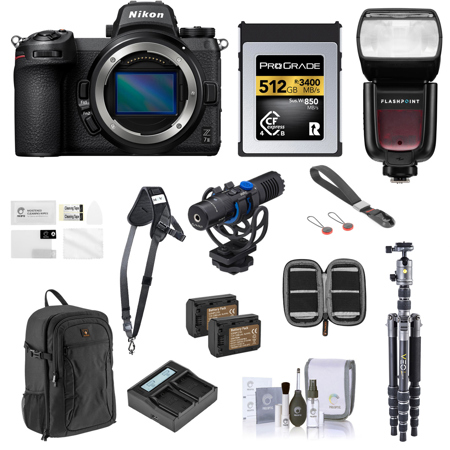 Nikon Z 7II Mirrorless Digital Camera, Bundle with 512GB Cfexpress Memory Card, Flashpoint Zoom II AA R2 TTL Speedlight for Nikon, Tripod, Microphone, 2x Battery and Accessories Kit