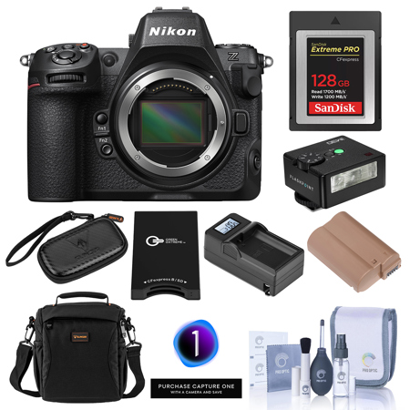 Nikon Z8 Mirrorless Camera, Bundle with 128GB Memory Card, EN-EL15c Battery, Charger Kit, Memory Card Wallet, Capture One Pro Prepaid Subscription, Cleaning Kit, iM30 Mini Flash, Shoulder Bag