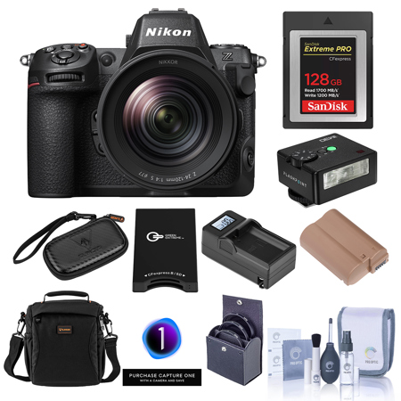 Nikon Z8 Mirrorless Camera with NIKKOR Z 24-120mm f/4 S Lens, Bundle with Filter Kit, 128GB Memory Card, EN-EL15c Battery, Charger Kit, Memory Card Wallet, Capture One Pro Prepaid Subscription, Cleaning Kit, iM30 Mini Flash, Shoulder Bag