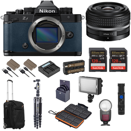 Nikon Z f Mirrorless Camera, Blue with NIKKOR Z 40mm f/2 SE Lens, Bundle with 2x 128GB Memory Card, 2x EN-EL15c Battery, Shotgun Microphone, VEO 3 GO 235AB Tripod, NP-F550 Battery and Speedlight