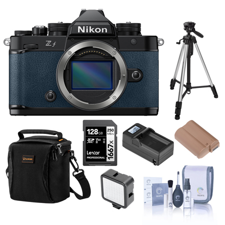 Nikon Z f Mirrorless Camera, Blue, Bundle with 128GB Memory Card, Shoulder Bag, EN-EL15c Battery, Smart Charger Plate, Smart Charger Base, W49 Light, Tripod