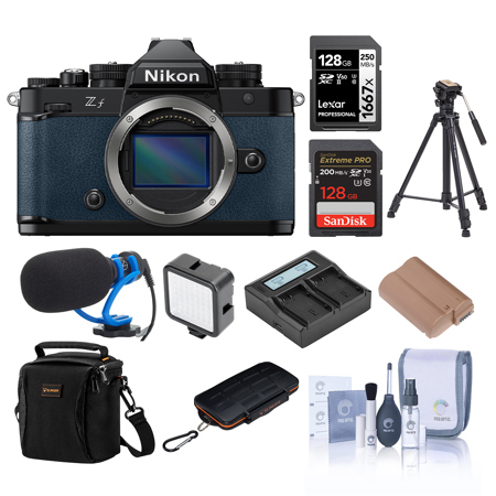 Nikon Z f Mirrorless Camera, Blue, Bundle with 2x 128GB Memory Card, Backpack, EN-EL15c Battery, Smart Charger Plate, Dual Smart Charger, Microphone, Video Tripod, W49 Light, Memory Card Case