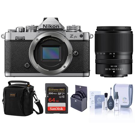 Nikon Z fc DX-Format Mirrorless Camera, Silver, with 18-140mm f/3.5-6.3 VR Lens, Bundle with 64GB Memory Card, Bag and 62mm Filter Kit