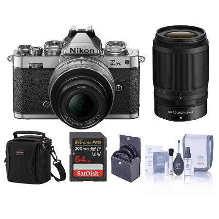 Nikon Z fc DX-Format Mirrorless Camera with 16-50mm f/3.5-6.3 Lens, Silver and 50-250mm f/4.5-6.3 Lens, Bundle with 64GB Memory Card, Bag, 62mm and 46mm Filter Kit