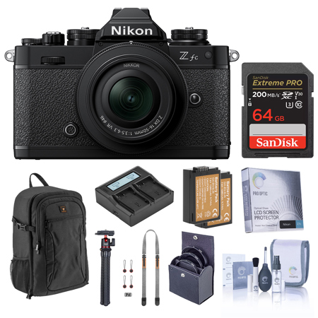 Nikon Z fc DX-Format Mirrorless Camera with 16-50mm f/3.5-6.3 Lens, Black, Bundle with 64GB Memory Card, Backpack, 2x Extra Battery, Tripod and 46mm Filter Kit