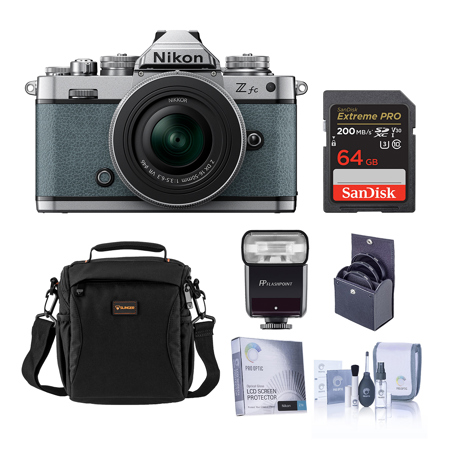 Nikon Z fc DX-Format Mirrorless Camera, Chalk Blue, with 16-50mm f/3.5-6.3 Lens, Bundle with Zoom-Mini TTL R2 Flash, 64GB Memory Card, Bag and 46mm Filter Kit