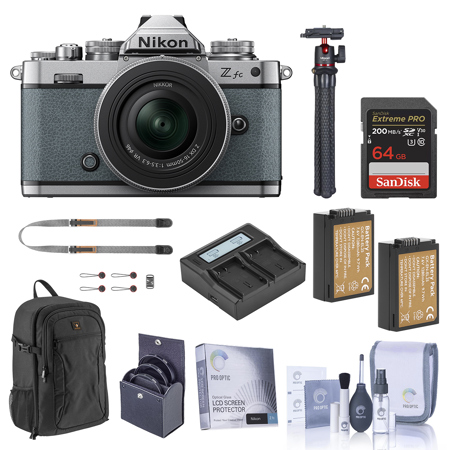 Nikon Z fc DX-Format Mirrorless Camera, Chalk Blue, with 16-50mm f/3.5-6.3 Lens, Bundle with 64GB Memory Card, Backpack, 2x Extra Battery, Tripod and 46mm Filter Kit