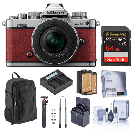 Nikon Z fc DX-Format Mirrorless Camera, Crimson Red, with 16-50mm f/3.5-6.3 VR Lens, Bundle with 64GB Memory Card, Backpack, 2x Extra Battery, Tripod and 46mm Filter Kit