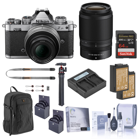 Nikon Z fc DX-Format Mirrorless Camera with 16-50mm f/3.5-6.3 Lens, Silver and 50-250mm f/4.5-6.3 Lens, Bundle with 64GB Memory Card, Backpack, 2x Extra Battery, Tripod, 62mm and 46mm Filter Kit